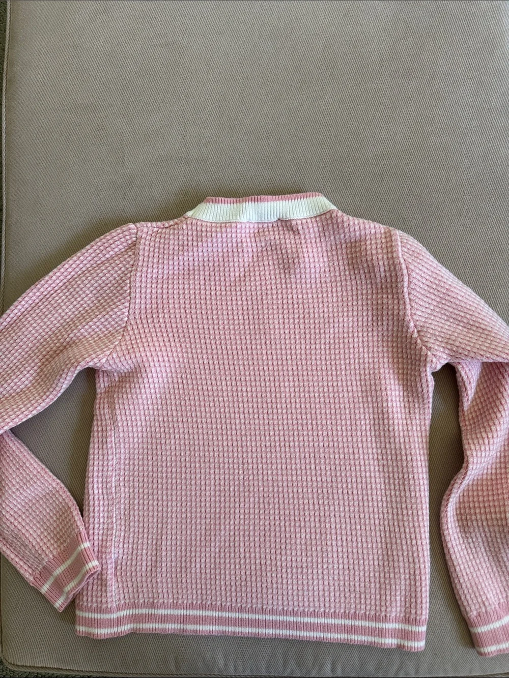 Lucy Paris Pale Pink Waffle Knit Crew Sweater with White Trim
